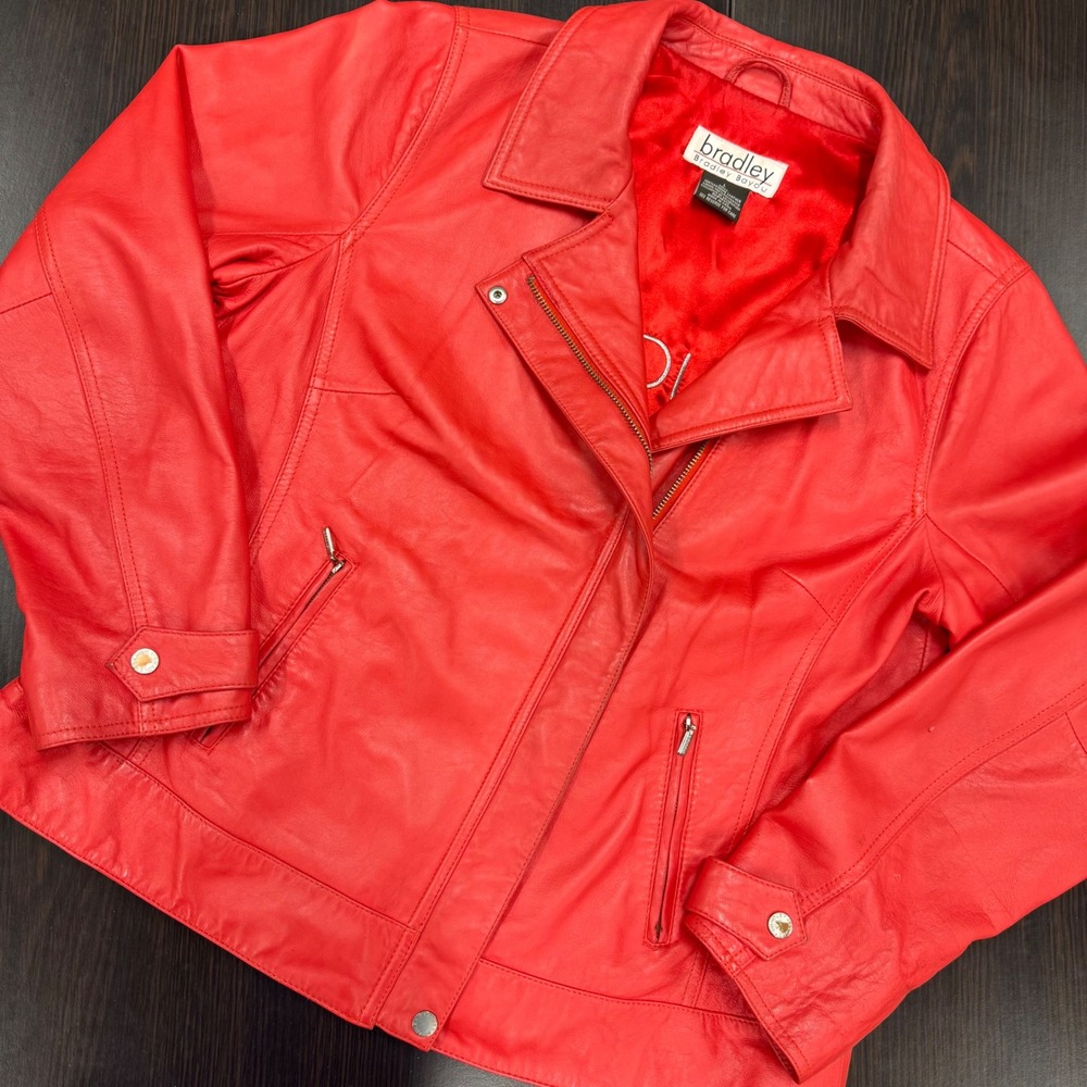 Bradley Bayou‎ Leather Moto Jacket Womens Large Red EUC Asymmetric Zip Biker